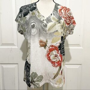 Chico’s Floral Peacock Feather Short Sleeve Top
